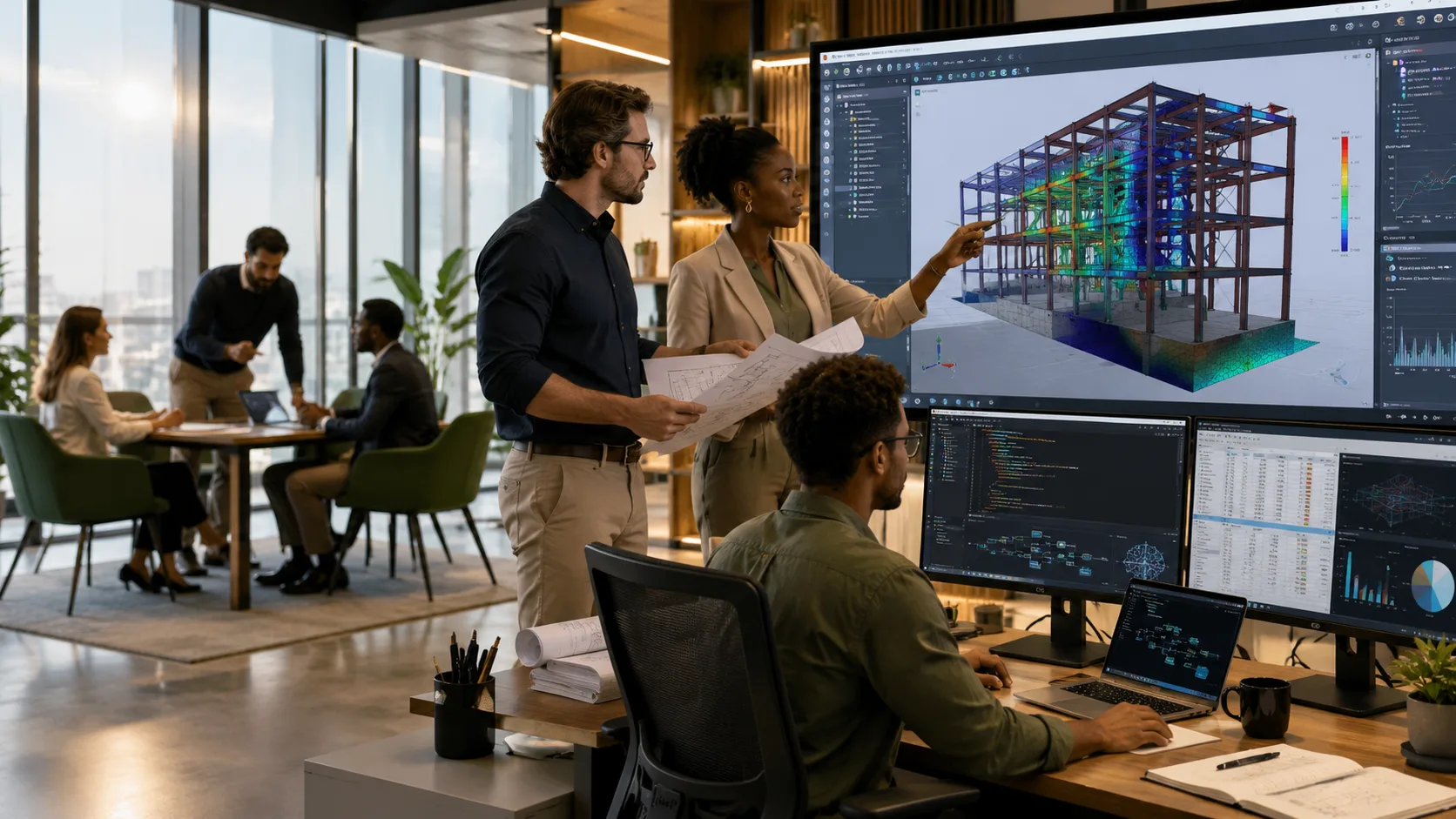Équipe d'ingénieurs BTDigitalConsulting analysant un modèle de structure 3D et du code sur plusieurs écrans dans un bureau d'études moderne