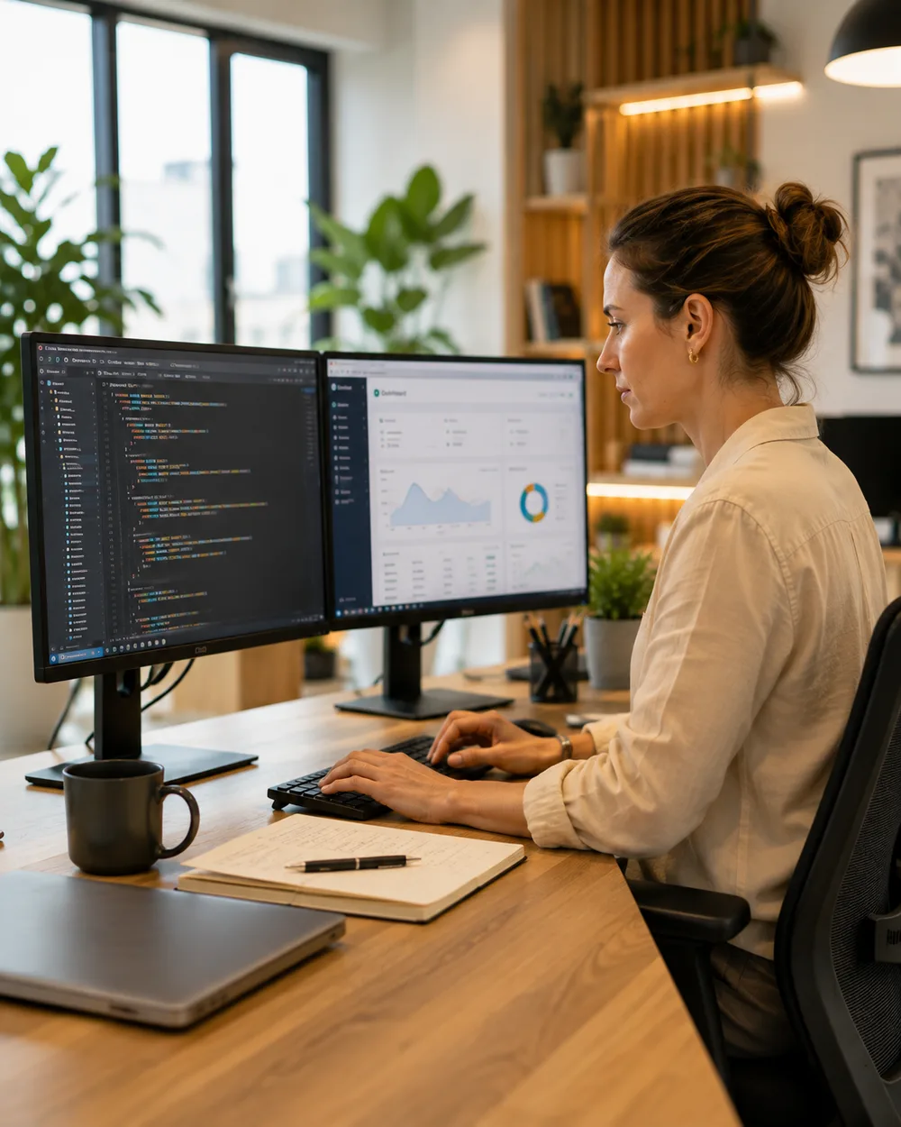Développeuse travaillant sur du code et un tableau de bord — Pôle Digital BTDigitalConsulting