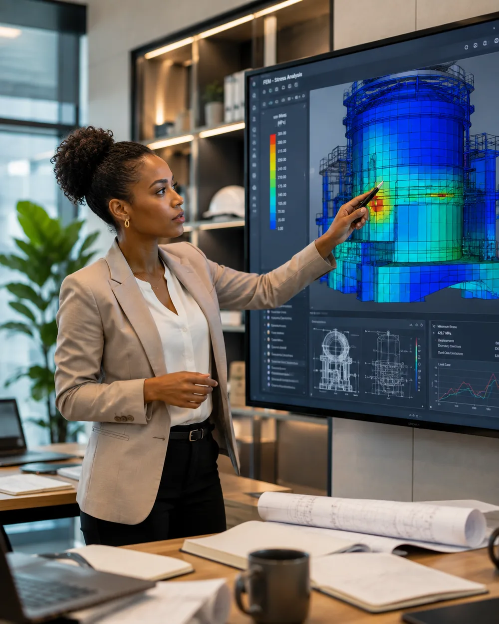 Ingénieure présentant une analyse par éléments finis (FEM) colorée — Pôle Ingénierie BTDigitalConsulting